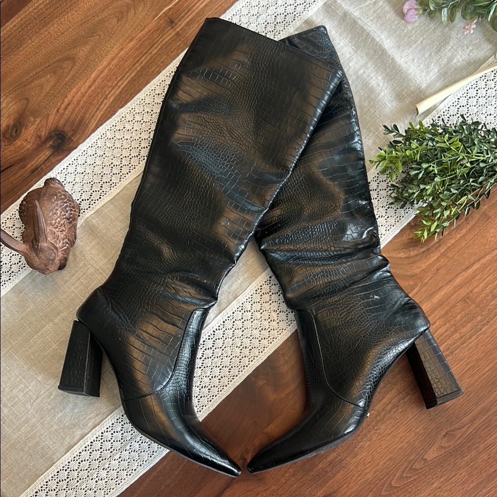 Black Croc-Embossed Knee-High Boots